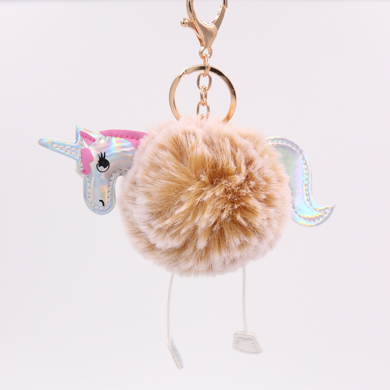 Unicornio llavero imitación Rex conejo de piel de bola colgante PU de cuero de dibujos animados Pony bolsa de peluche llavero fábrica al por mayor