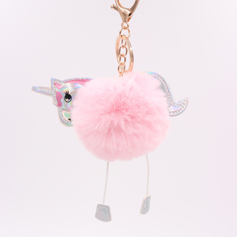Unicornio llavero imitación Rex conejo de piel de bola colgante PU de cuero de dibujos animados Pony bolsa de peluche llavero fábrica al por mayor