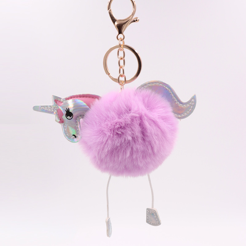 Unicornio llavero imitación Rex conejo de piel de bola colgante PU de cuero de dibujos animados Pony bolsa de peluche llavero fábrica al por mayor