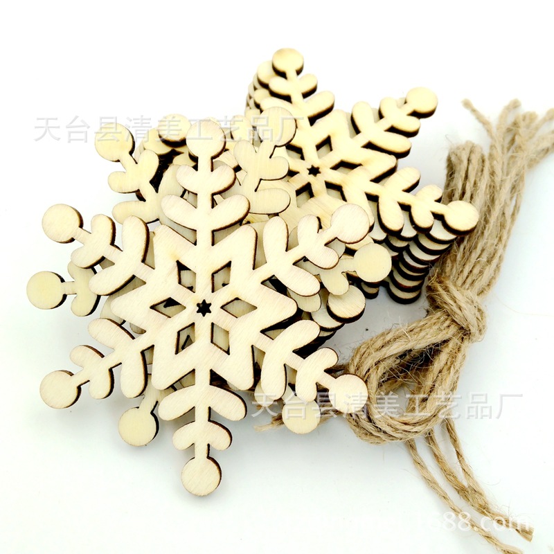 Copo de nieve de Navidad de madera, hoja de madera, cabeza redonda de madera, colgante decorativo de copo de nieve, 10 piezas en un paquete