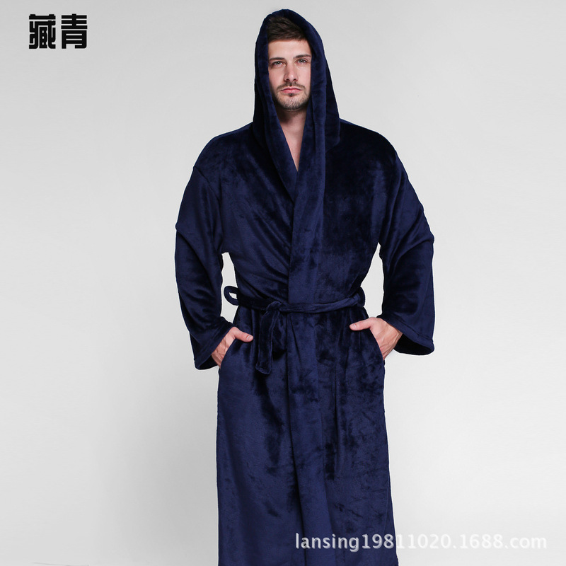Oversized European and American Style Fall/Winter Men's and Women's Flannel Nightgown Hooded Couple's Lengthened Warm Coral Fleece Bathrobe