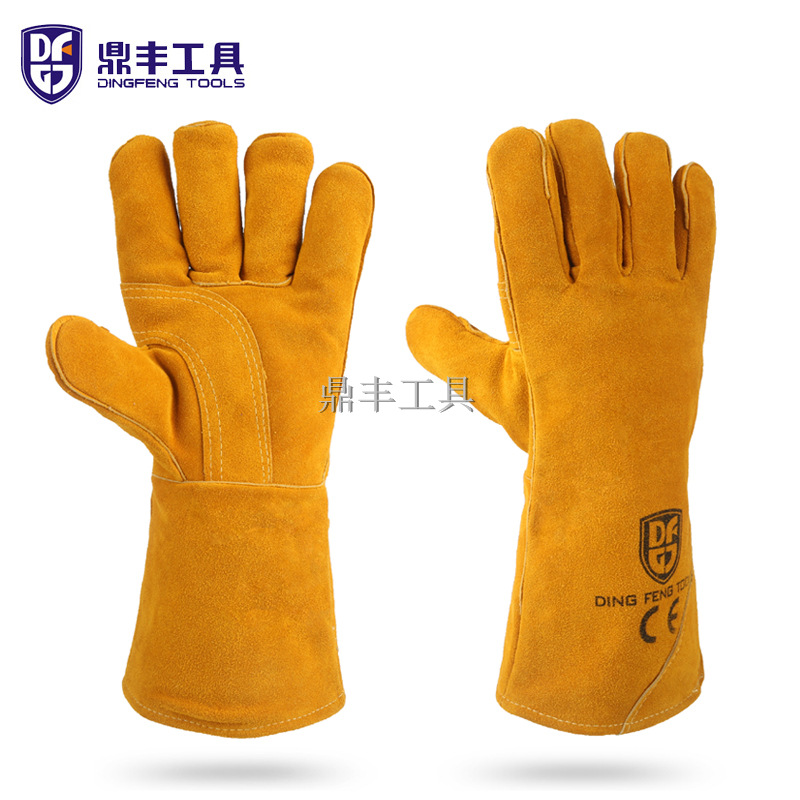 黄色牛皮电焊手套 虎口加弯手袖加皮焊接防护工作手套 烧焊专用
