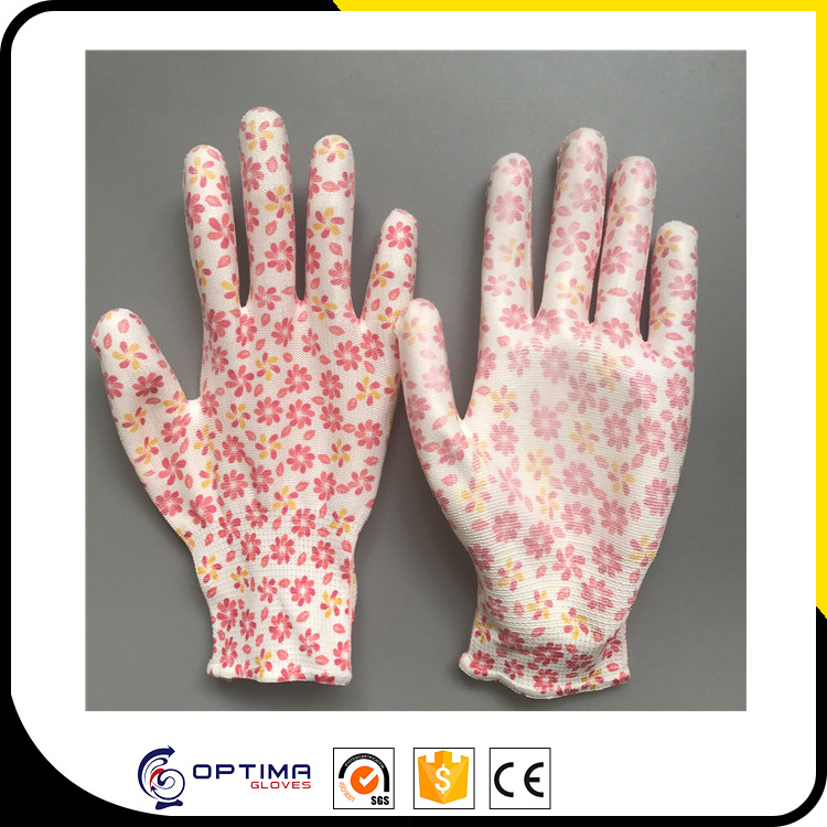 13针涤纶尼龙印花掌浸PU女士花园手套浸胶防护手套 工作手套