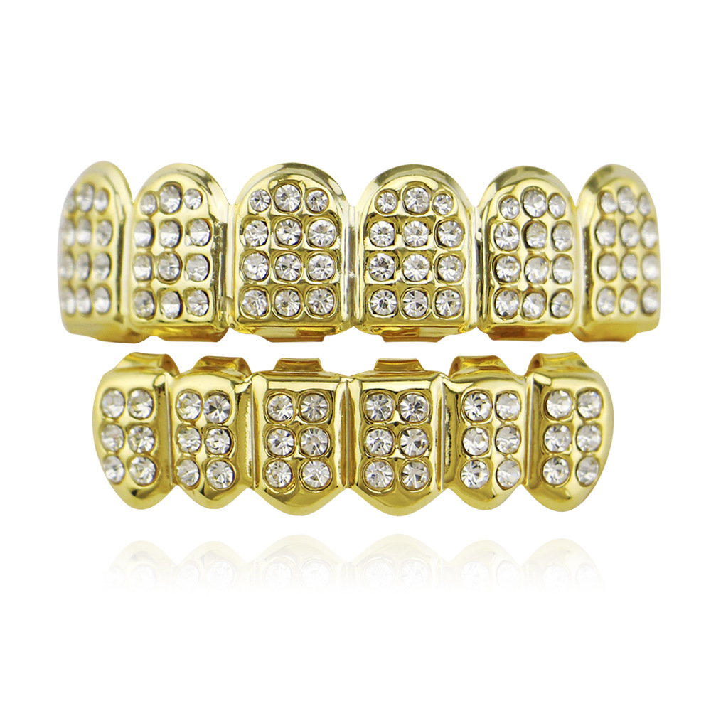 18K chapado en oro de color diamante hip hop tirantes parrillas hombres y mujeres adecuados diamante incrustado seis dientes vampiro colmillos Accesorios
