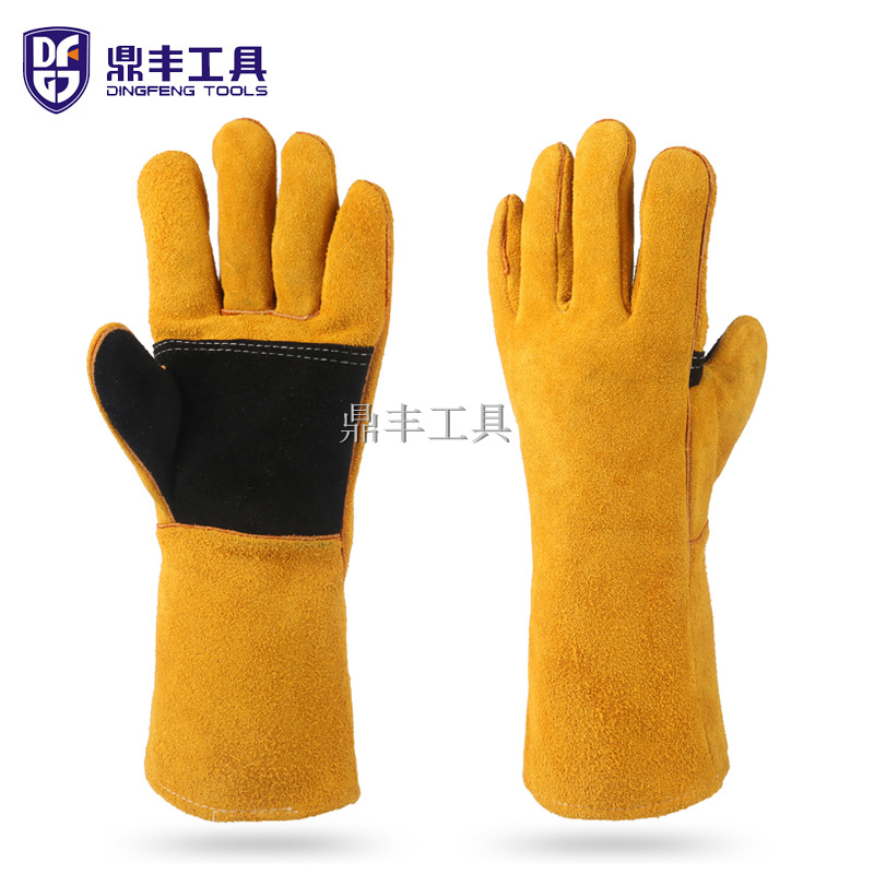 黄色牛皮电焊手套手掌拇指加托焊接防护工作手套 焊工隔热防飞溅