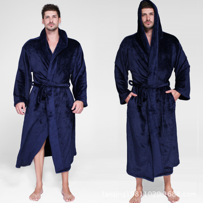 Extra Large Size European and American Style Fall/Winter Men's and Women's Flannel Nightgown Hooded Couples Extra Long Warm Coral Fleece Bathrobe