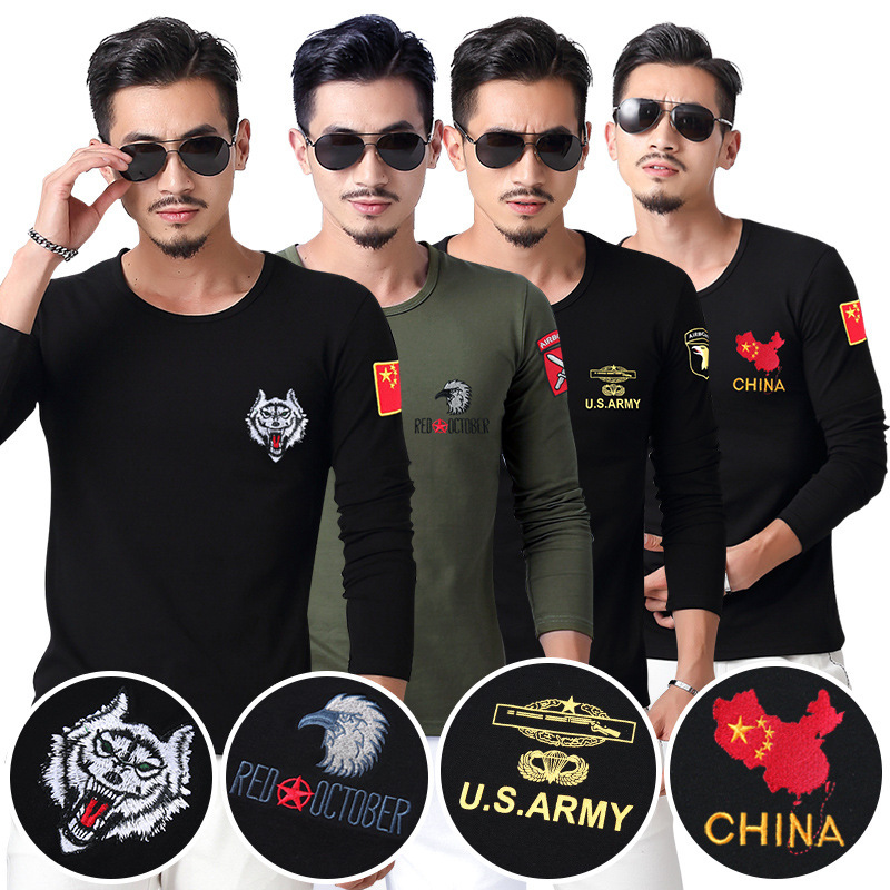 Autumn Embroidery Chinese Slim Fit Army Fans Wolf Head Physical Long Sleeve T-Shirt Body Men's Base Wholesale Sales