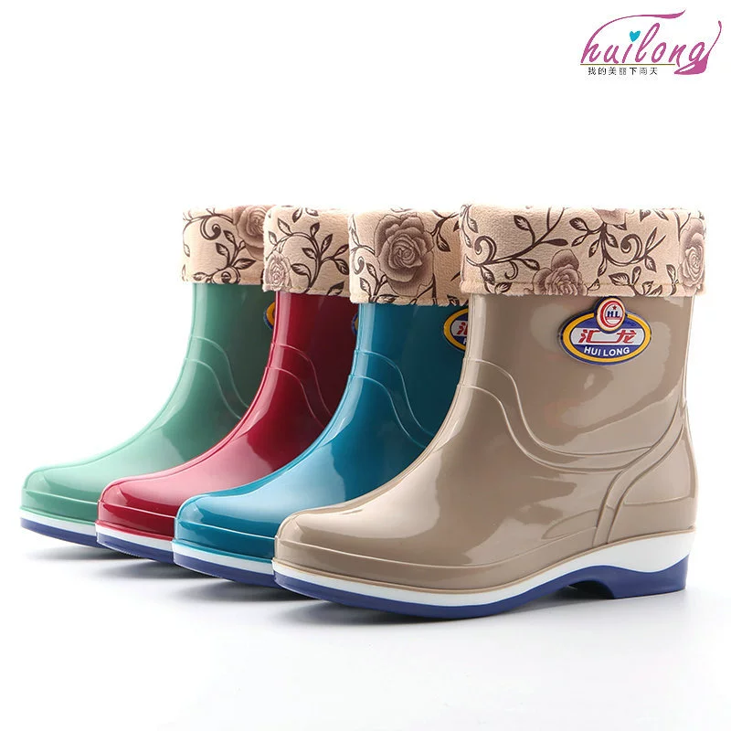 828 новые модные корейские женские галоши, Четырехцветные хлопковые резиновые туфли на флисовой подкладке, удобные цветные сапоги для воды, резиновая обувь