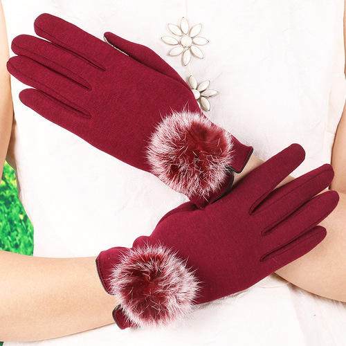 Warm gloves autumn and winter women's rabbit fur ball non-falling velvet gloves for playing with mobile phone winter plus velvet cold-proof touch screen gloves