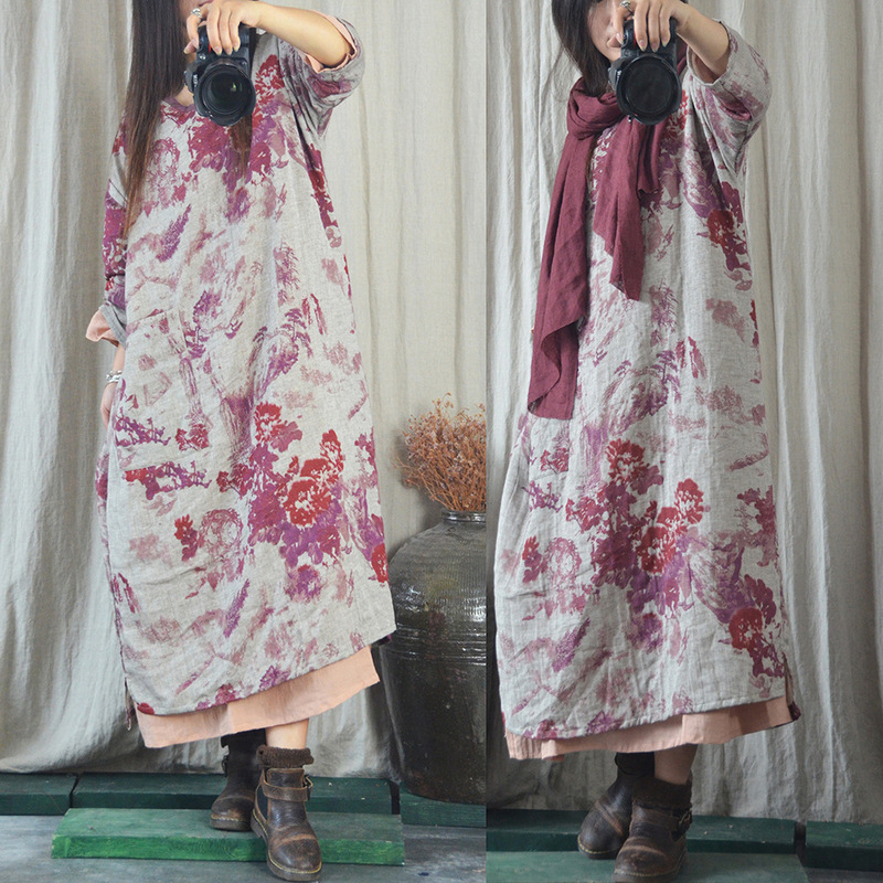 Original double-layer cotton and linen robe pastoral style small V-neck printed dress loose pull style Spring and Autumn New Original double-layer cotton and linen robe pastoral style small V-neck printed dress loose pull style Spring and Autumn New