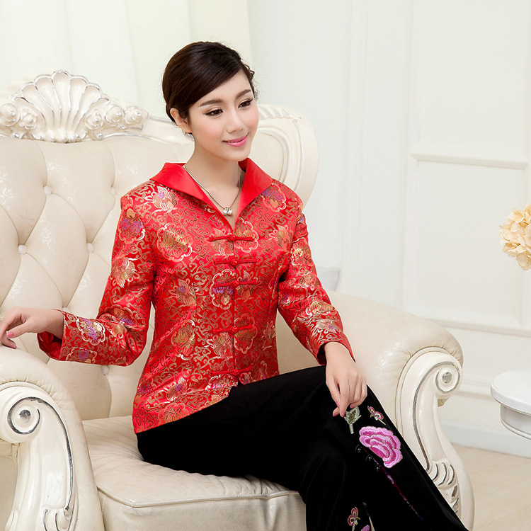 批发女士唐装上衣长袖外套中式盘扣上衣女民族秋装锦缎棉衣