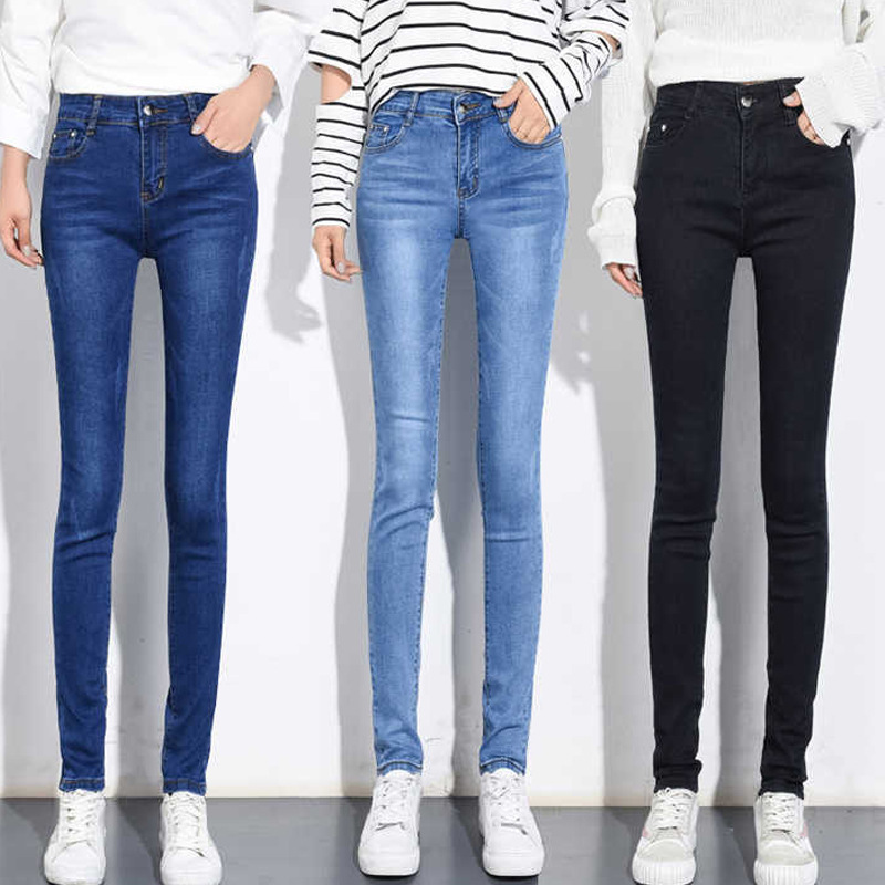 2025 Spring, Autumn and Winter New Mid-Waist Small Feet Denim Women's Pants Stretch Manufacturer Direct Sales with Single Style and Velvet