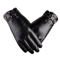 New Autumn/Winter Men's Leather Gloves for Outdoor Cycling with Touch Screen Function, Fleece Lined, Thick and Warm PU Leather Touch Screen Gloves