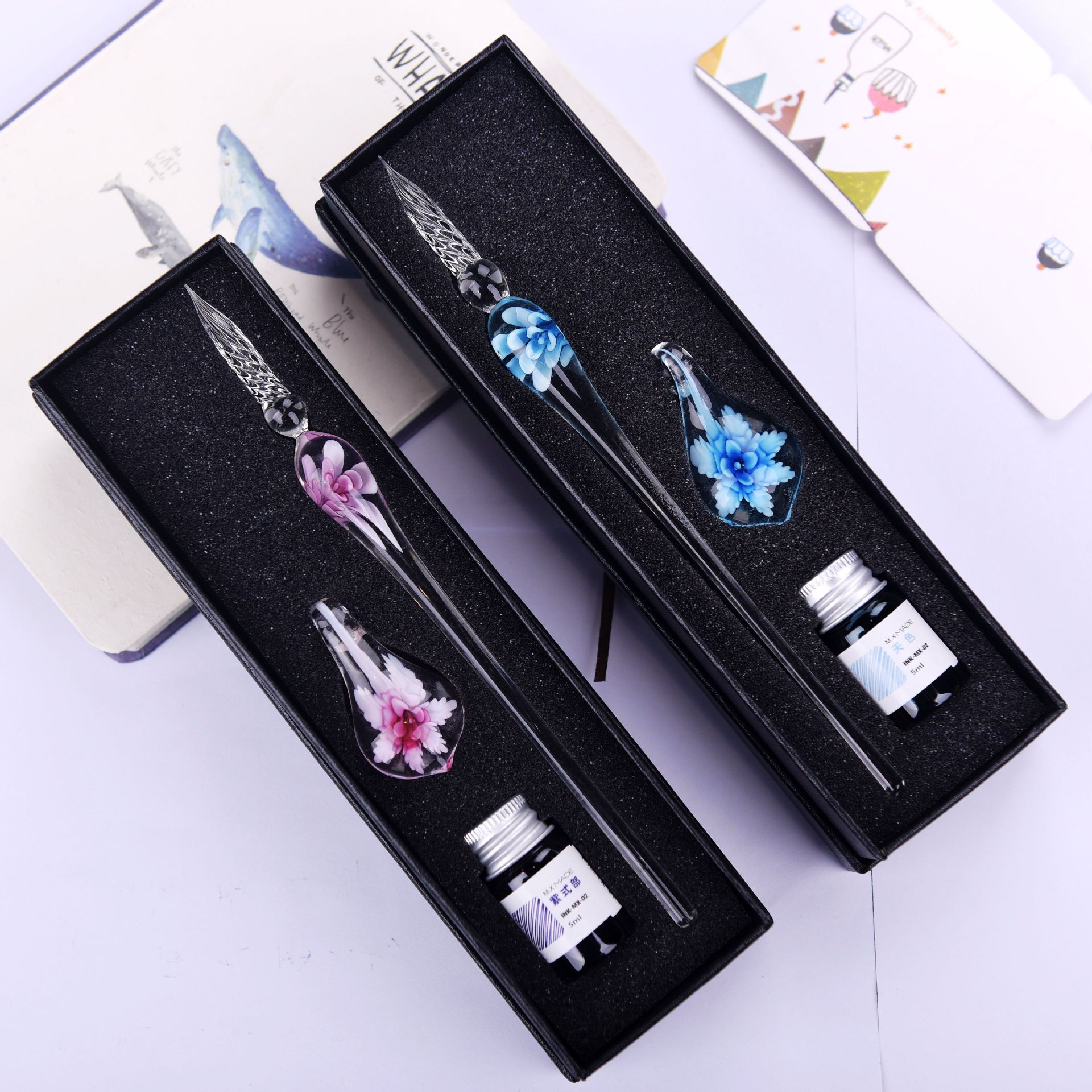Pluma de Cristal de Inmersión de Vidrio con Flor para Regalo Estudiantil