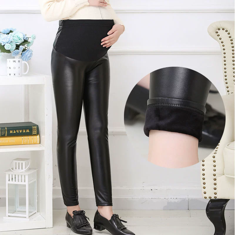 Кожаные Брюки для беременных, весенне-осенние брюки для беременных, леггинсы больших размеров, леггинсы на животе, модная осенне-зимняя тонкая резинка на флисовой подкладке