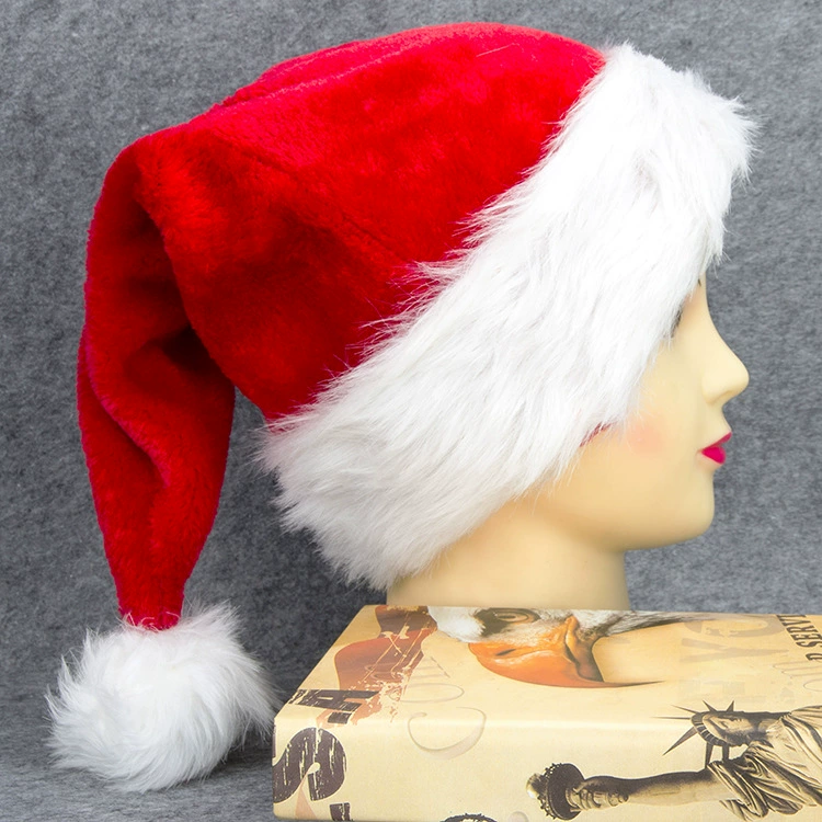 Plush Santa hat, thick long‑pile Christmas cap with large pompom, adult 38×28 cm