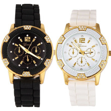 亚马逊爆款女士手表 玫瑰金壳六点钻日内瓦硅胶情侣手表厂家批发