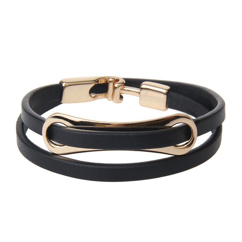 手链饰品男 简约皮质T扣合金两圈配饰欧美首饰情侣手链批发