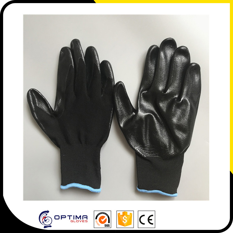 13针黑涤纶尼龙掌浸黑色丁腈光面浸胶劳保手套