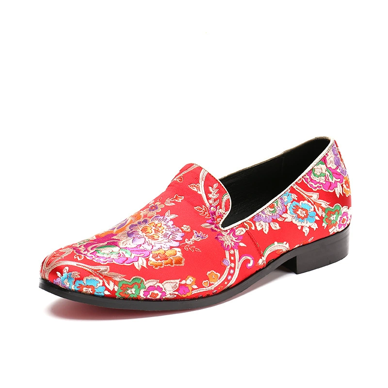 Мужские кожаные туфли в этническом стиле с крупными цветочными вышивками, Повседневная модная обувь с острым носком и вышивкой без шнуровки, британские мокасины из натуральной кожи