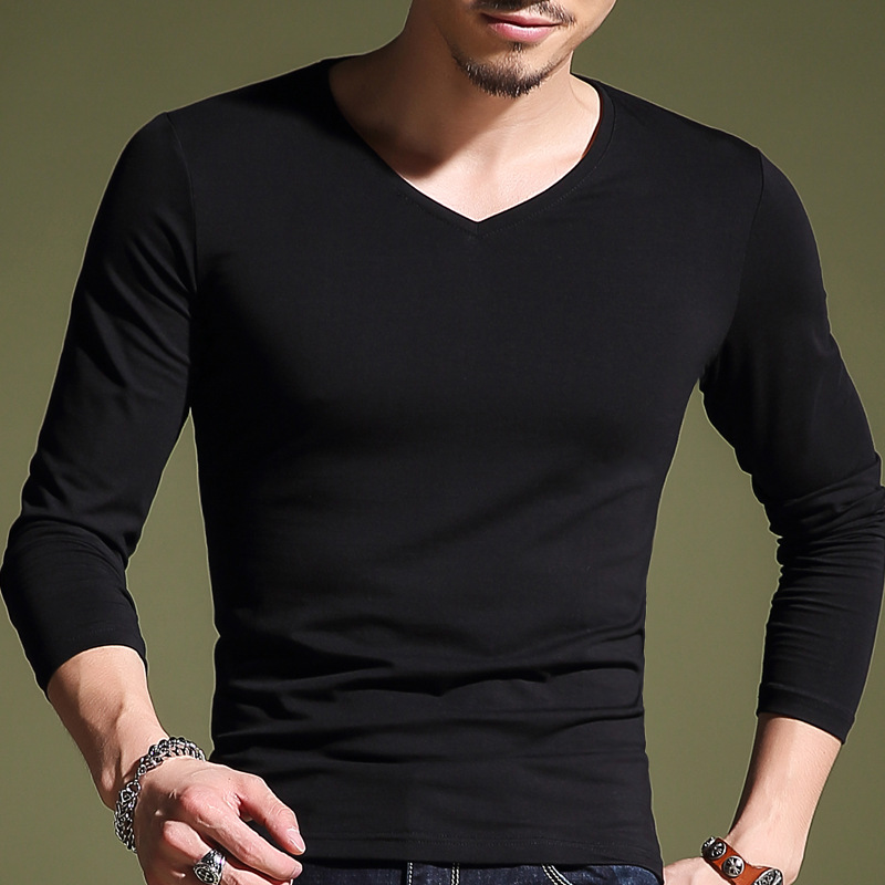 T-Shirt Men's Autumn Long-sleeved T-shirt Men's Solid Color Casual Trendy Brand Men's Inner T-shirt Slim-fit V-neck Base Shirt