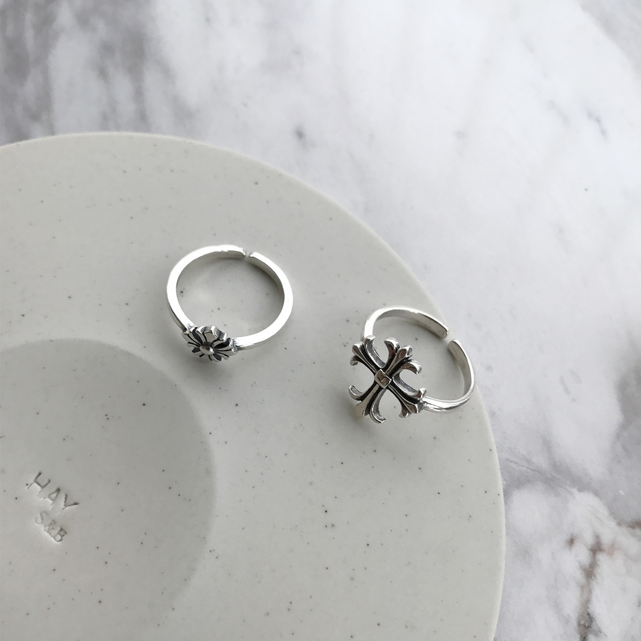 韩国明星同款S925纯银文艺复古仿古做旧开口十字架古银戒指指环