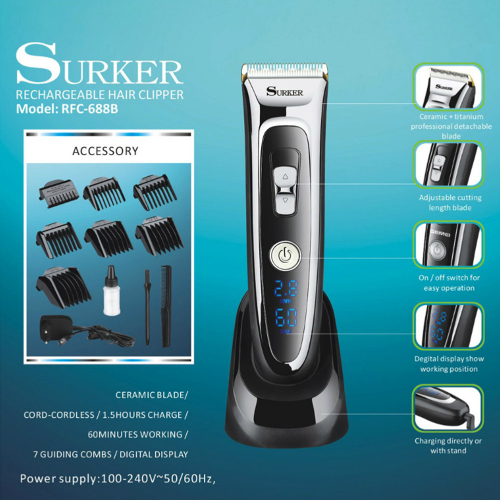 Xuke LCD de cerámica cortador de pelo Clipper bajo ruido eléctrico Clipper de carga rápida con base eléctrica Clipper pelo Clipper