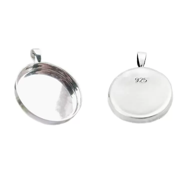 秒925银吊坠配件底托1英寸滴胶DIY材料 圆形贴片空托宝石空托吊坠