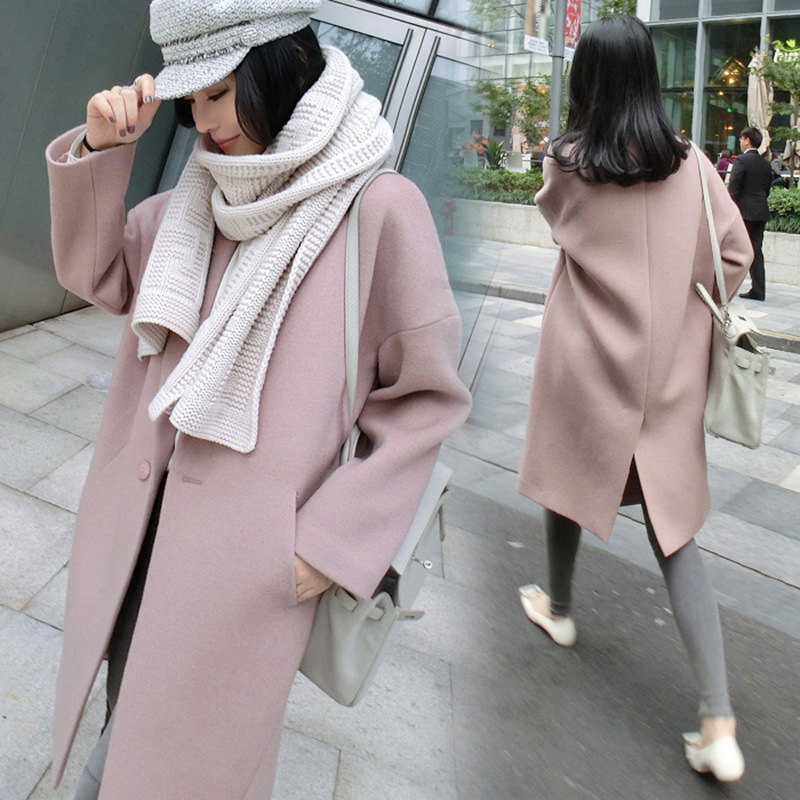 Cocoon-Shaped Woolen Coat for Women, Mid-Length, Loose Silhouette, Pink Woolen Coat, Foreign Trade Wholesale, 2024 Fashion Style