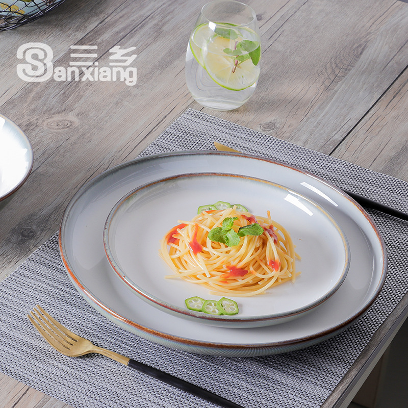 European Style Simple Bowl and Plate Ceramic Tableware Set 4-Piece Set Steak Plate Soup Bowl Salad Bowl Mug Household Tableware