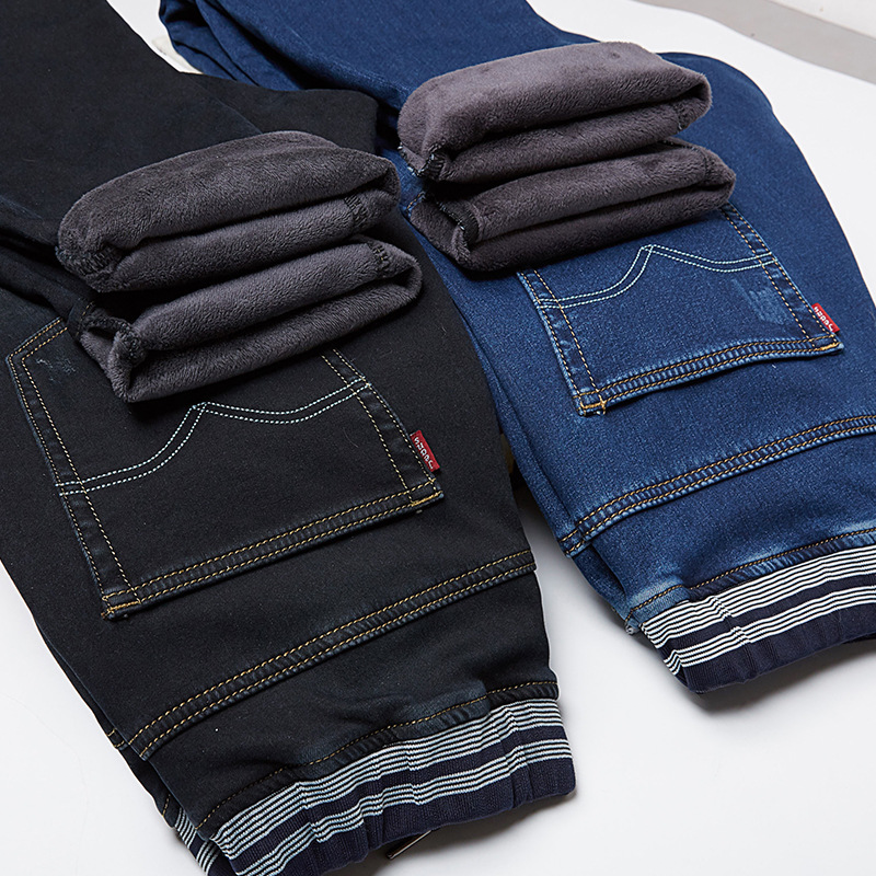 小肥牛秋季弹力牛仔裤男宽松加绒加肥加大肥佬胖子直筒长裤秋冬款