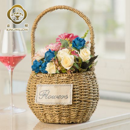 Cesta de flores de paja tejida de caña tejida azul portátil florista de boda bolsa de flores secas tejida a mano cestas de embalaje al por mayor maceta de flores