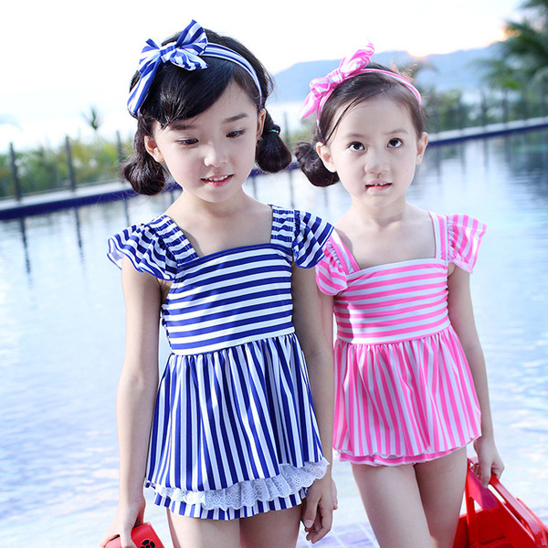 Brand children's split navy lace swimwear for swimming for early age