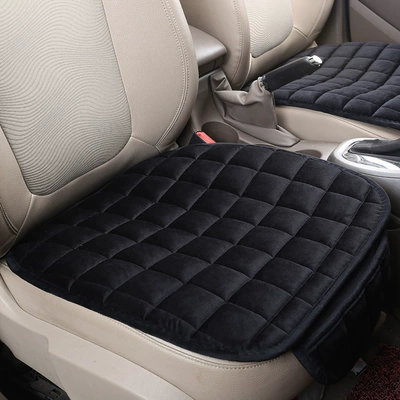 Car Seat Cushion Winter Plush Three-Piece Set Without Tying Non-Slip Plush Single Piece - Checkered (Seat cushion, seat cover) - front-row-single-black