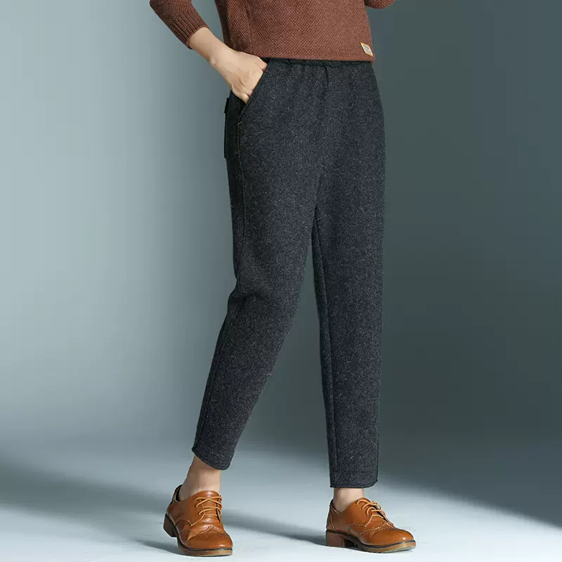 2025秋冬新款毛呢松紧中腰休闲毛边百搭加厚保暖裤女垮裤潮170727