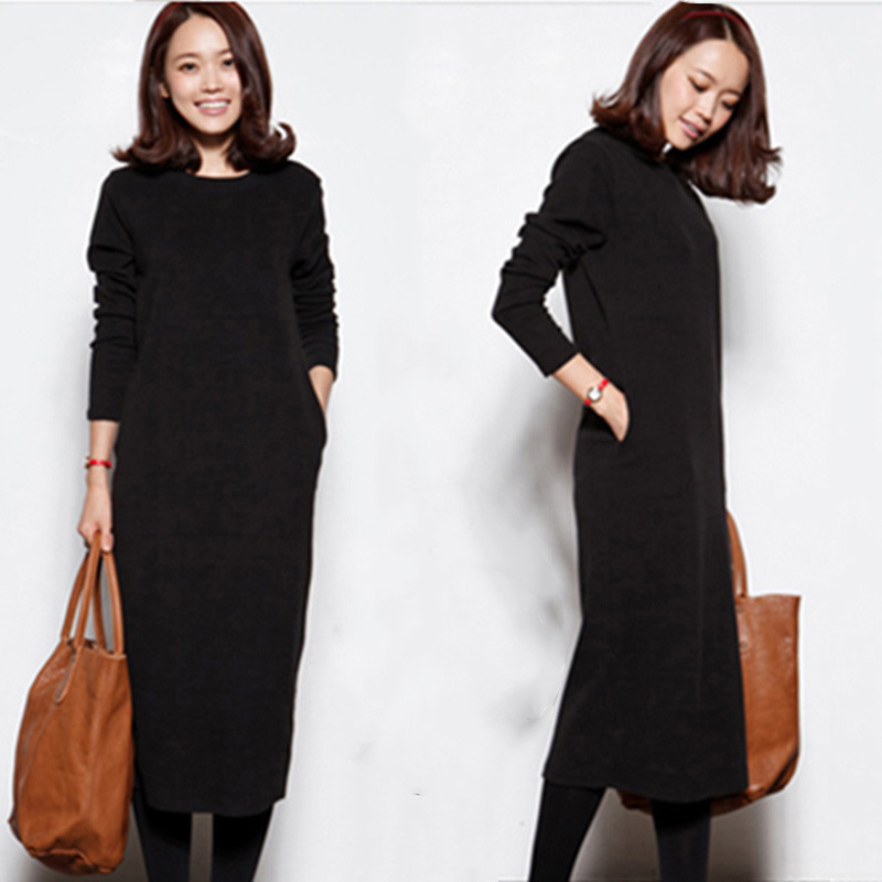 日韩秋冬内搭连衣裙乐天休闲加绒卫衣女长裙大码冬季连衣裙女加厚