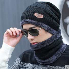 成人帽子韩版潮冬季针织毛线帽贴布加绒保暖套头男士款护耳围脖