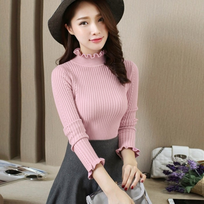 秋冬女装新款木耳边高领打底衫内搭针织衫荷叶边修身显瘦加厚毛衣