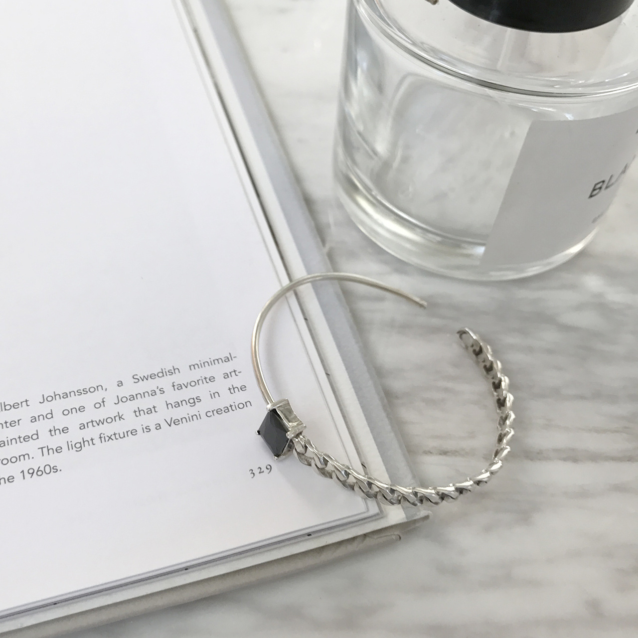 S925纯银韩版明星同款黑玛瑙锁链复古泰银手镯手环