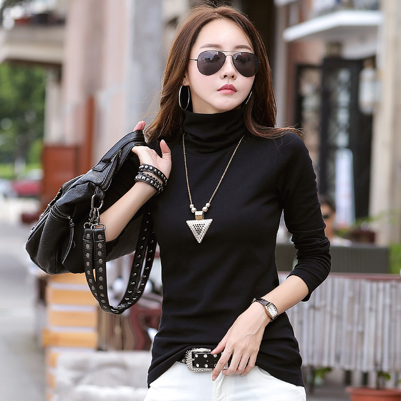 女装韩版纯棉T恤女长袖t恤女打底衫潮女式长袖衫厂家批发半高领