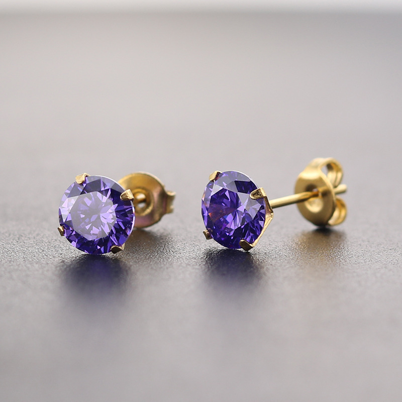 New European And American Style Titanium Steel Four-prong 6mm Crystal AAA Colored Zircon Fine Needle Earrings For Women,_voghion.com