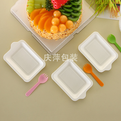 100 pack birthday cake plates, disposable white paper plates, environmentally friendly paper pulp plates, rectangular food trays