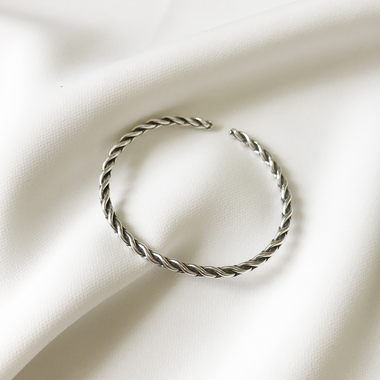 S925纯银韩版明星同款手工编织纹绳复古泰银手镯手环
