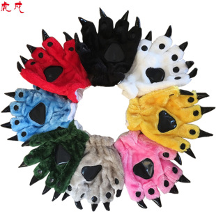 Winter Long Hair Cotton Velvet Dinosaur Pikachu Gloves Flannel Cartoon Animal One-Piece Pajamas Matching Gloves Claw
