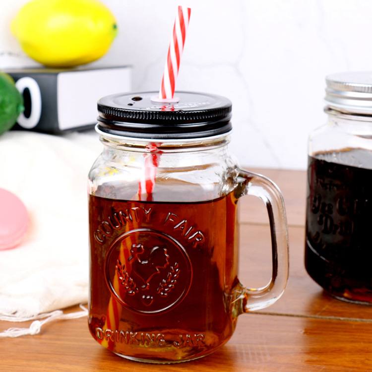 马克杯耐热公鸡杯梅森杯带把手水杯带盖子玻璃杯子果汁饮料奶茶杯