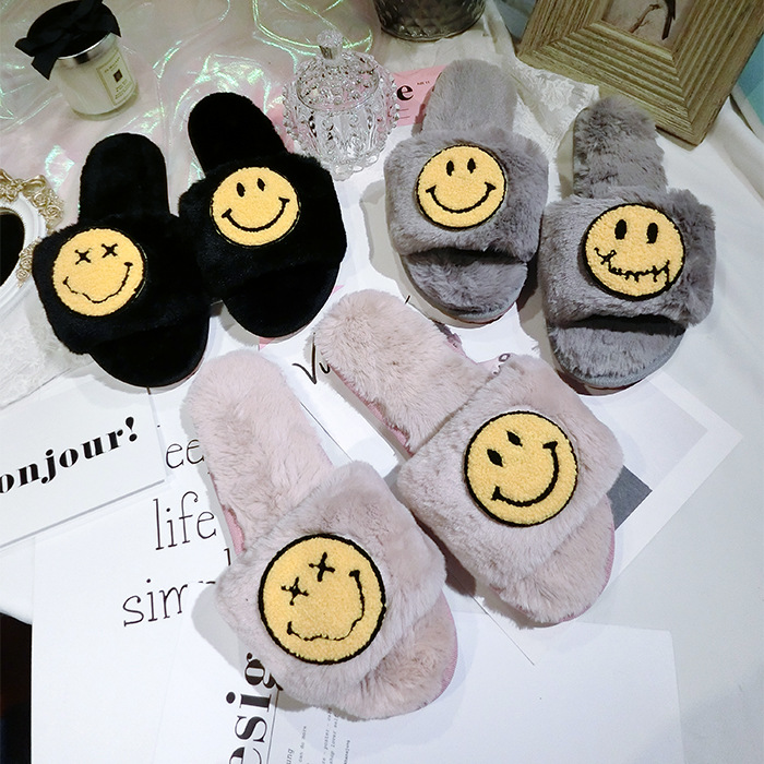 韩版秋冬潮笑脸拖鞋时尚仿羊毛毛绒绒包暖一字防滑外穿平底凉拖女