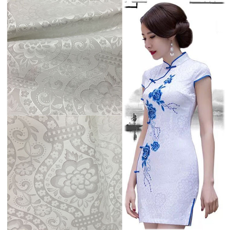 2017新品提花棉布料高档数码印花底布汉服旗袍面料白色质感