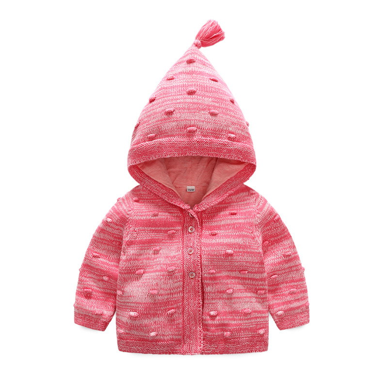 2025年童装秋季新款 0-2岁女宝宝粉色双层针织毛衣大帽子外套
