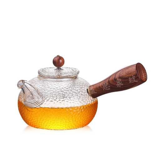 Hand-blown hammer teapot with handle, high temperature resistance, thickened side handle, boiling teapot with lid, Chinese creative flower teapot