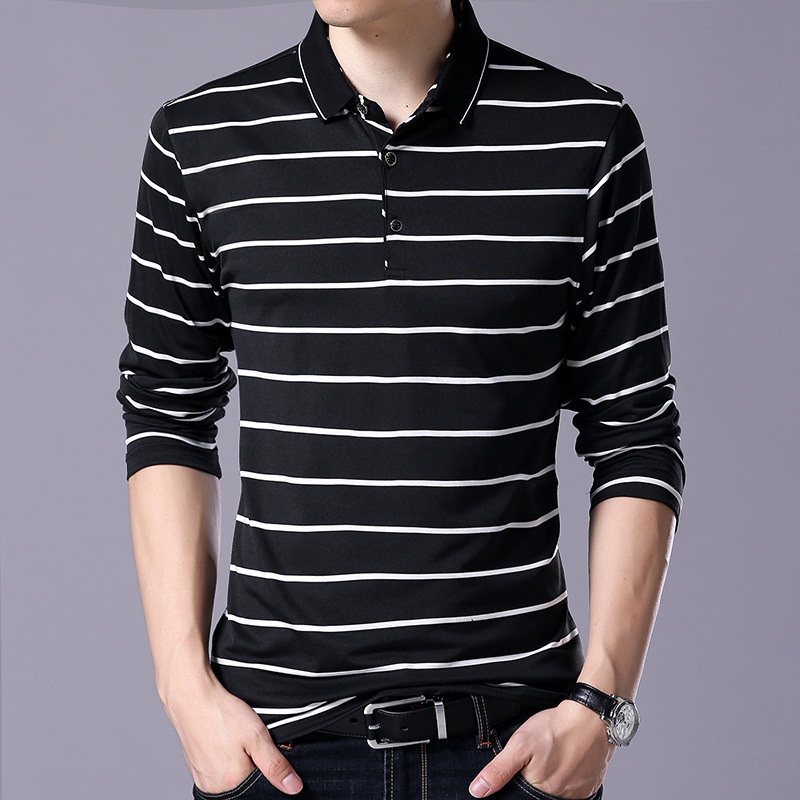 [En stock] de algodón de los hombres de manga larga de estilo coreano camiseta delgada de los hombres de la solapa de Polo a rayas camiseta de los hombres 8250